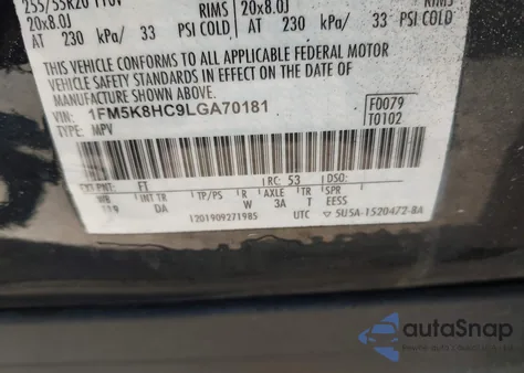 2020 Ford Explorer Platinum z USA, uszkodzony, nr VIN 1FM5K8HC9LGA70181